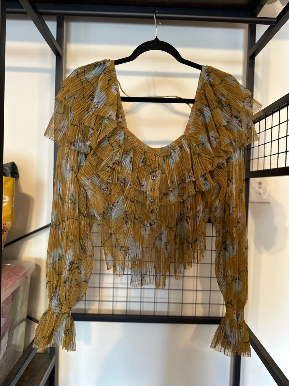 Free People Mustard Floral Ruffle Button-Front Blouse